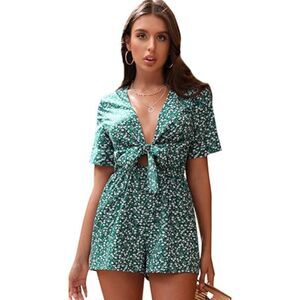 Women's Romper XL Green Floral Vneck Tie Front Playsuit Jumpsuit One Piece Short